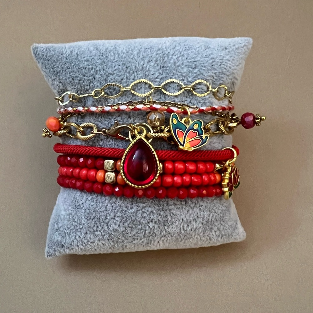 Red & Gold Charm Bracelet Set – Stacked Beaded Bracelets, Protection Jewelry